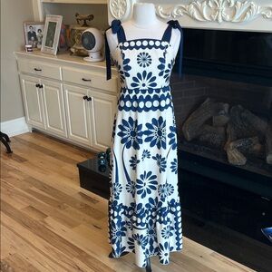 Maxi Dress Flowy Tie Shoulder Champagne Navy Blue Floral New